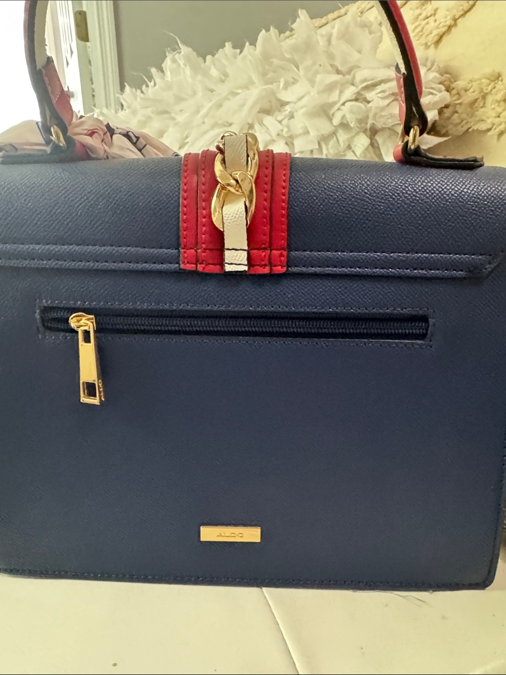 ALDO Navy and White Striped Top-Handle Satchel with Red Accent - Picture 6 of 7